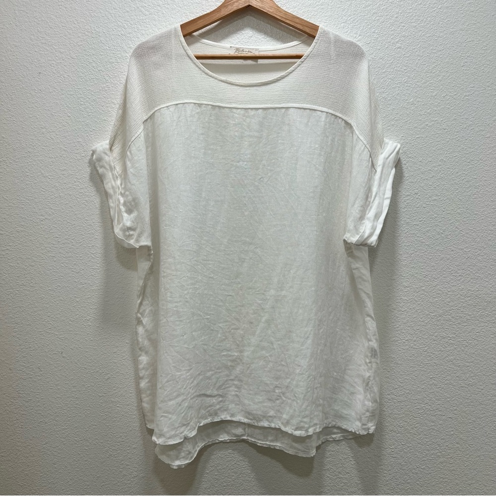 Bellambra Linen Mixed Media Short Sleeve Relaxed Fit Lagenlook Coastal Blouse